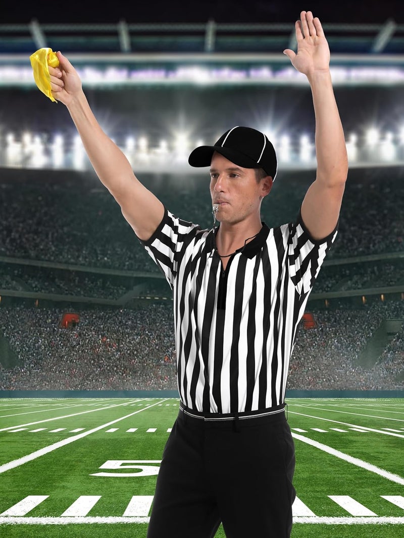 FancyFun Store 4 Pcs Referee Shirt, Ref Shirt Zipper Collar Referee Costume Men Women Ref Whistle Hat Penalty Flag for Football Soccer - Image 5